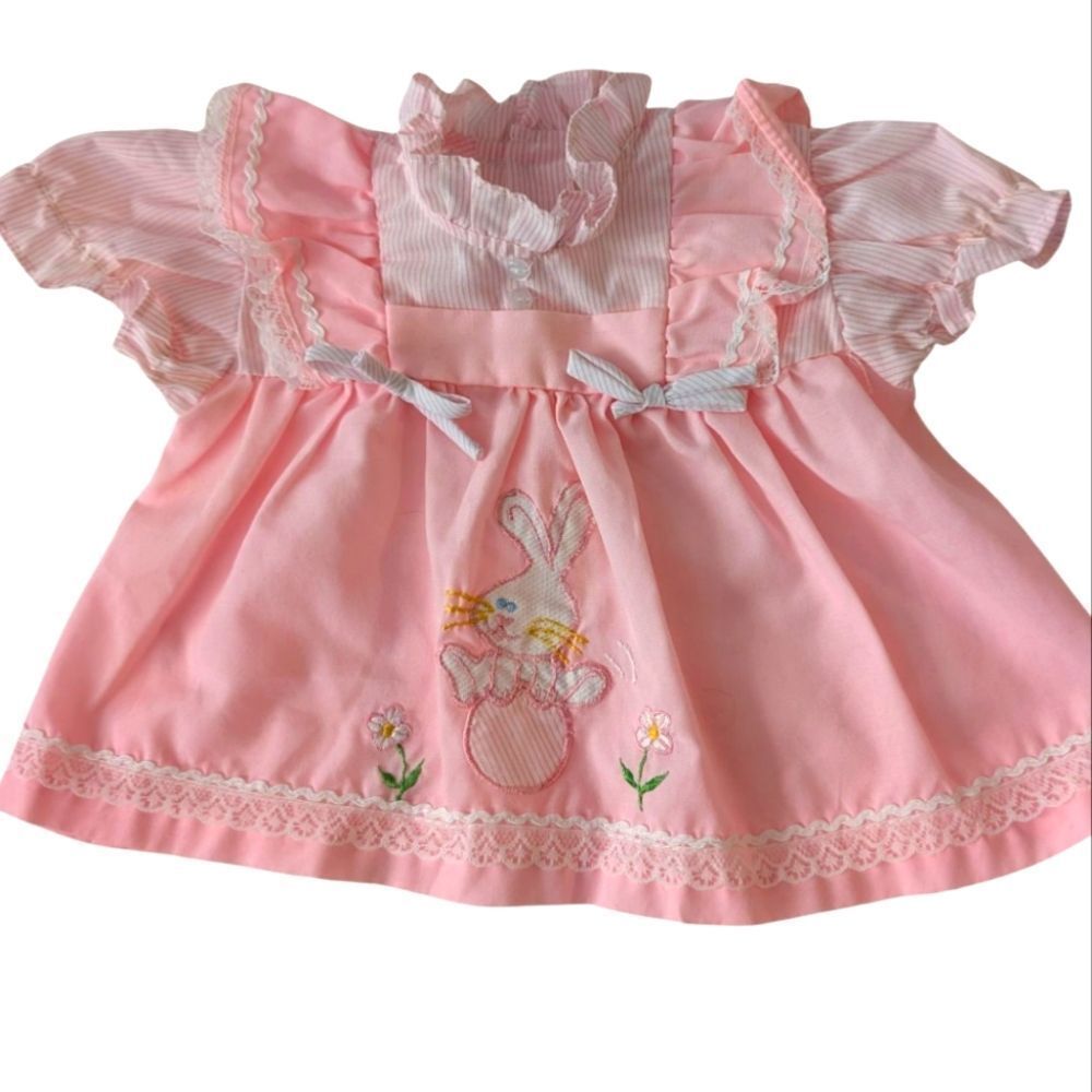 Infant Girls Embroidered Easter Bunny Pastel Pink Ruffle Lace Pinafore Dress